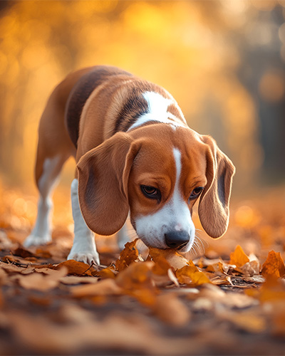 dog sniffing on the ground with autumn leafes around him